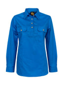 LADIES LIGHTWEIGHT LONG SLEEVE HALF PLACKET COTTON DRILL SHIRT WITH CONTRAST BUTTONS WSL505