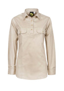 LADIES LIGHTWEIGHT LONG SLEEVE HALF PLACKET COTTON DRILL SHIRT WITH CONTRAST BUTTONS WSL505