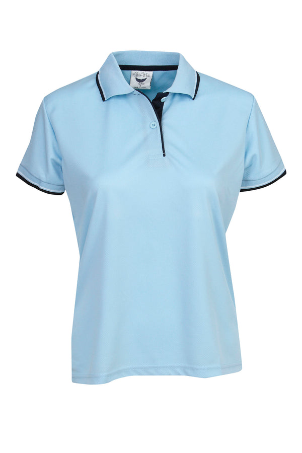 P47 Ladies Cooldry Micro Mesh Polo Sky/Navy/White Size 14 Stock Clearance