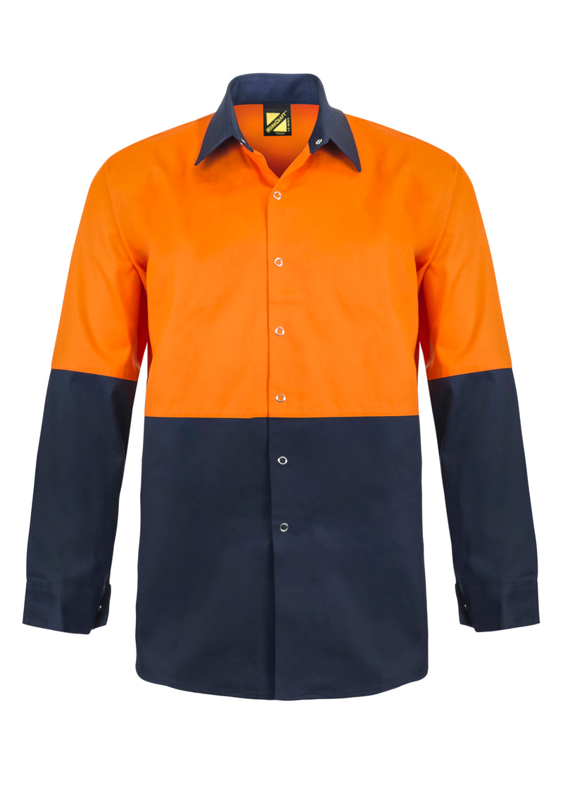 HI VIS TWO TONE LONG SLEEVE COTTON DRILL FOOD INDUSTRY SHIRT WITH PRESS STUDS AND NO POCKETS WS3035