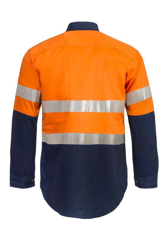 HI VIS TWO TONE LONG SLEEVE COTTON DRILL SHIRT WITH INDUSTRIAL LAUNDRY REFLECTIVE TAPE AND PRESS STUDS WS3072