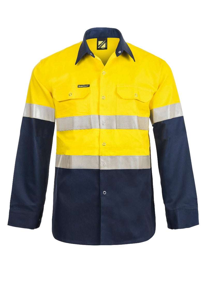 HI VIS TWO TONE LONG SLEEVE COTTON DRILL SHIRT WITH INDUSTRIAL LAUNDRY REFLECTIVE TAPE AND PRESS STUDS WS3072