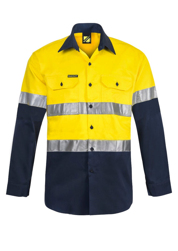 HI VIS TWO TONE LONG SLEEVE COTTON DRILL SHIRT WITH INDUSTRIAL LAUNDRY REFLECTIVE TAPE WS3028