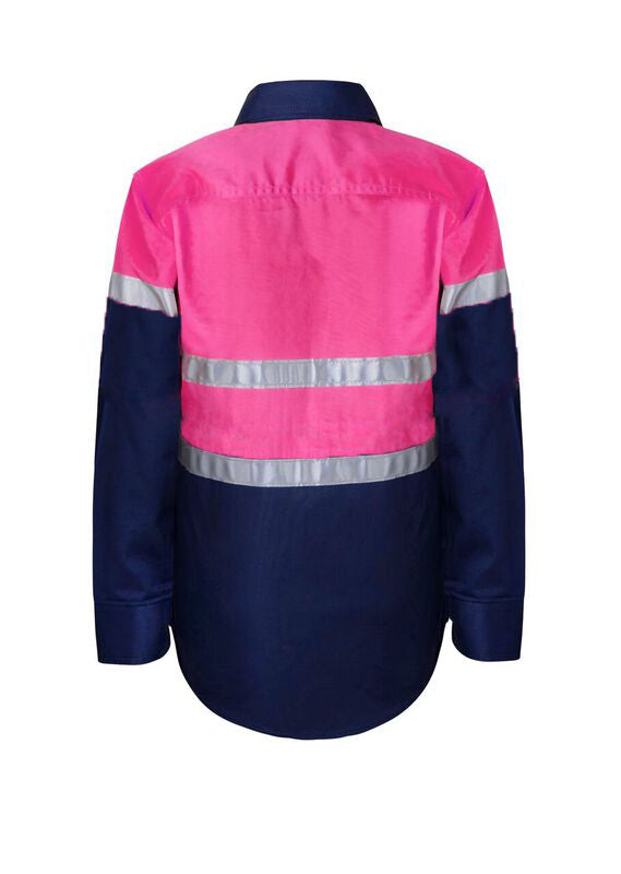 KIDS LIGHTWEIGHT TWO TONE LONG SLEEVE COTTON DRILL SHIRT WITH CSR REFLECTIVE TAPE WSK129