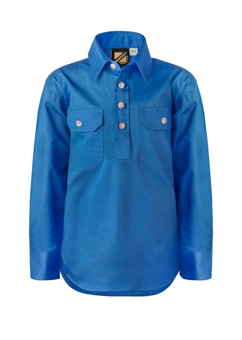 KIDS LIGHTWEIGHT LONG SLEEVE HALF PLACKET COTTON DRILL SHIRT WITH CONTRAST BUTTONS WSK131