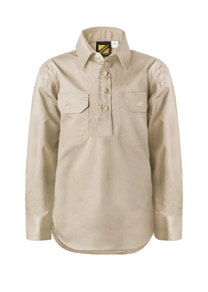 KIDS LIGHTWEIGHT LONG SLEEVE HALF PLACKET COTTON DRILL SHIRT WITH CONTRAST BUTTONS WSK131