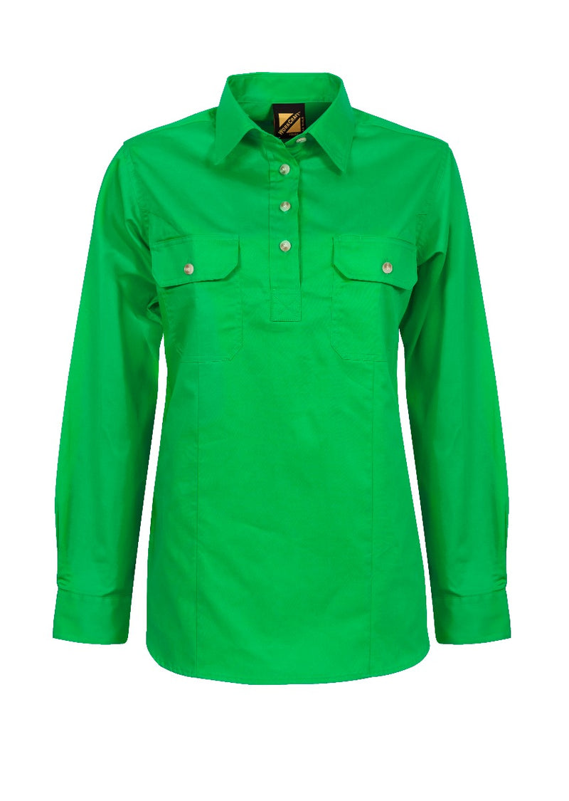 LADIES LIGHTWEIGHT LONG SLEEVE HALF PLACKET COTTON DRILL SHIRT WITH CONTRAST BUTTONS WSL505
