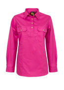 LADIES LIGHTWEIGHT LONG SLEEVE HALF PLACKET COTTON DRILL SHIRT WITH CONTRAST BUTTONS WSL505