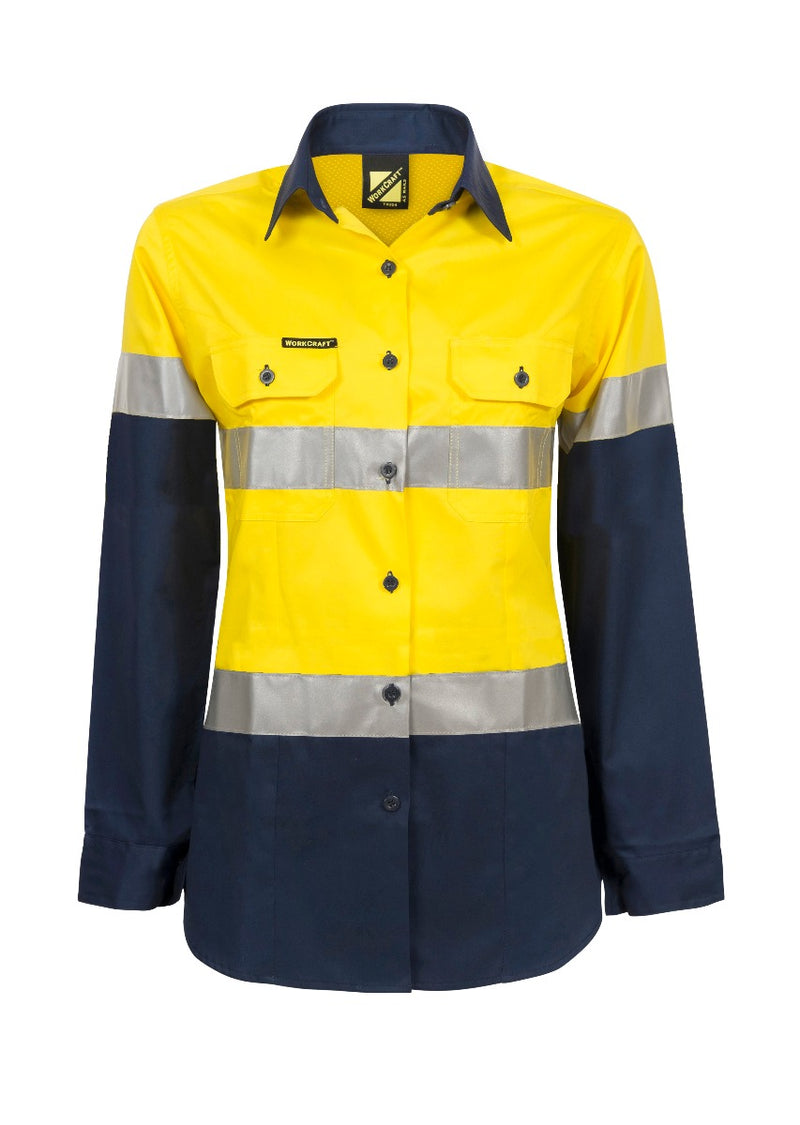 LADIES LIGHTWEIGHT HI VIS TWO TONE LONG SLEEVE VENTED COTTON DRILL SHIRT WITH CSR REFLECTIVE TAPE WSL501