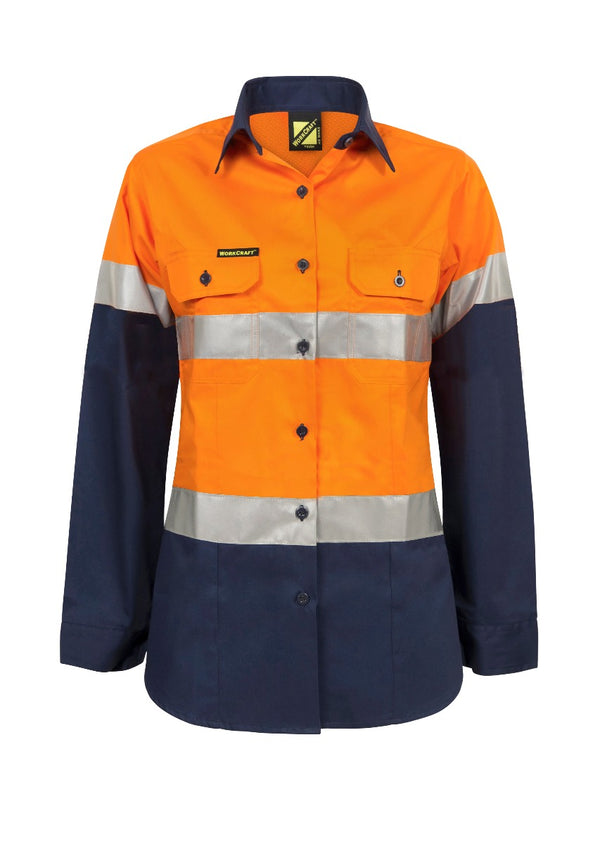 LADIES LIGHTWEIGHT HI VIS TWO TONE LONG SLEEVE VENTED COTTON DRILL SHIRT WITH CSR REFLECTIVE TAPE WSL501