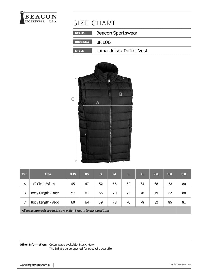 BN106 Loma Unisex Puffer Vest