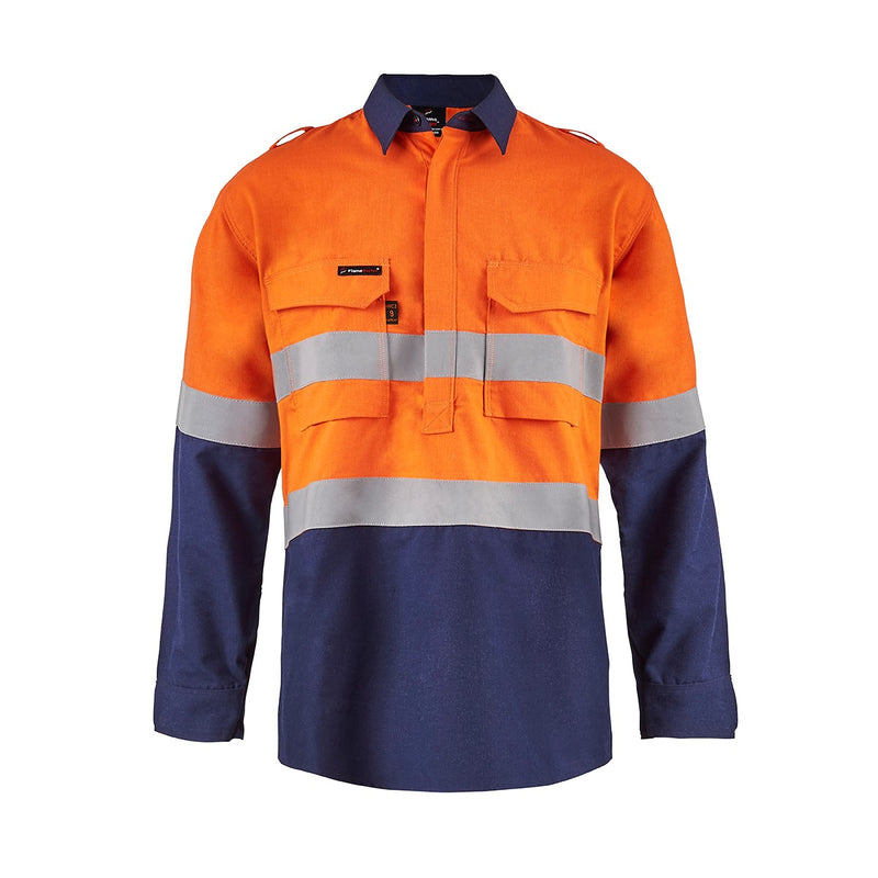 TORRENT HRC2 MENS HI VIS CLOSED FRONT SHIRT WITH GUSSET SLEEVES WITH X-PATTERN FR REFLECTIVE TAPE FSV015A
