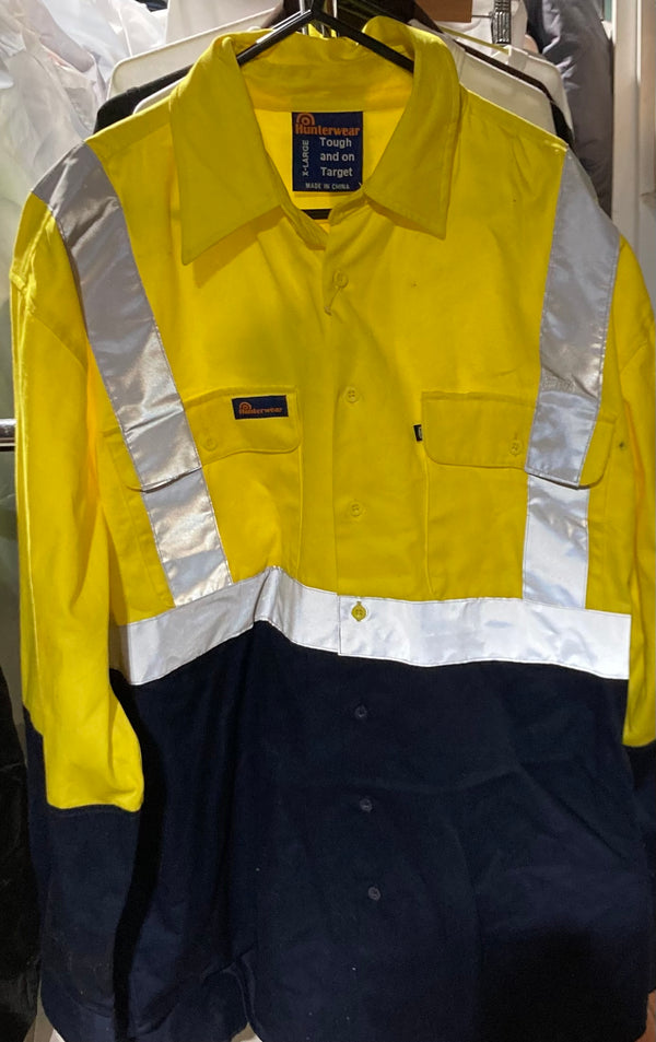 Hi Vis Mens Cotton Drill shirt with Reflective tape Yellow/Navy Size XL Stock Clearance