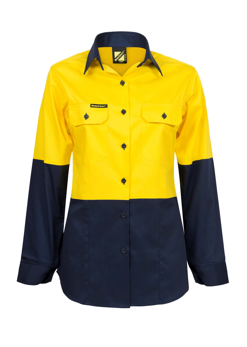 LADIES LIGHTWEIGHT HI VIS TWO TONE LONG SLEEVE VENTED COTTON DRILL SHIRT WSL502