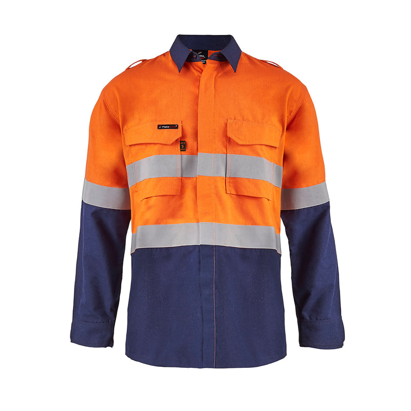 TORRENT HRC2 MENS HI VIS TWO TONE OPEN FRONT SHIRT WITH GUSSET SLEEVES AND FR REFLECTIVE TAPE FSV014A