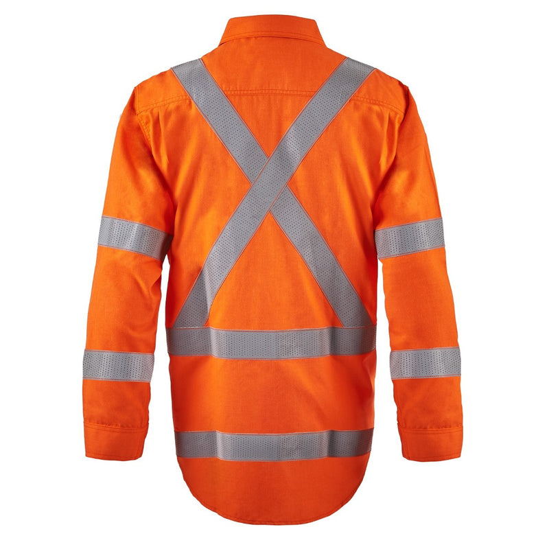 TORRENT HRC2 MENS HI VIS OPEN FRONT SHIRT WITH GUSSET SLEEVES WITH X-PATTERN FR REFLECTIVE TAPE