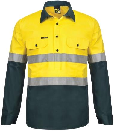 LIGHTWEIGHT HI VIS TWO TONE HALF PLACKET VENTED COTTON DRILL SHIRT WITH SEMI GUSSET SLEEVES AND CSR REFLECTIVE TAPE WS6032