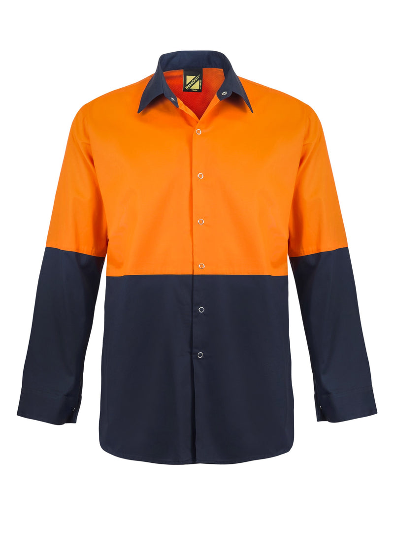 LIGHTWEIGHT HI VIS TWO TONE LONG SLEEVE VENTED COTTON DRILL FOOD INDUSTRY SHIRT WITH PRESS STUDS AND NO POCKETS WS3045