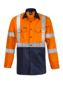HI VIS TWO TONE FRONT LONG SLEEVE COTTON DRILL SHIRT WITH X PATTERN CSR REFLECTIVE TAPE WS6020