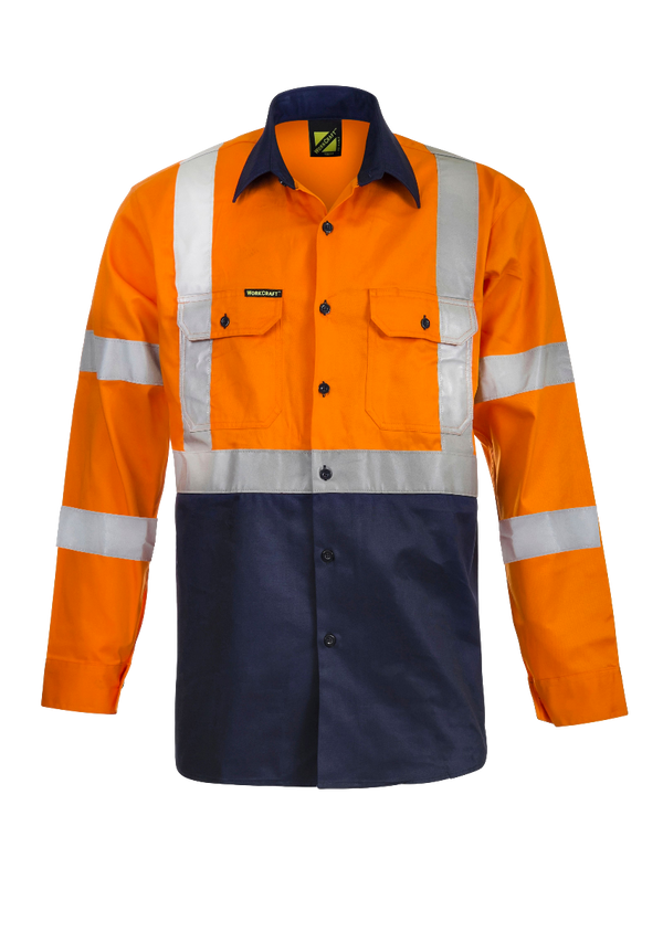 HI VIS TWO TONE FRONT LONG SLEEVE COTTON DRILL SHIRT WITH X PATTERN CSR REFLECTIVE TAPE WS6020